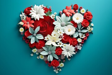 Heart made of red and white daisies on turquoise background. Heart made of flowers on blue background. 
