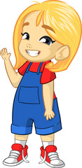 Cute cartoon little girl. Vector .illustration of a teenager wearing jeans jumpsuit