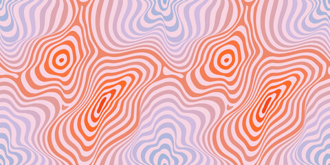 Vector fluid curved lines seamless pattern. Abstract background, dynamical ripple surface, 3D effect, groovy texture. Pink, lilac, orange color. Modern retro fashion style. Trendy organic geo design