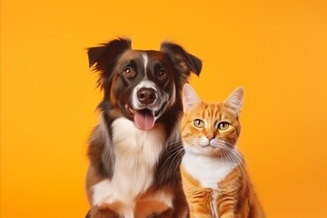 Generative AI image of  polaroid of a dog and cat on orange background
