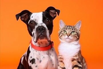 Generative AI image of  polaroid of a dog and cat on orange background
