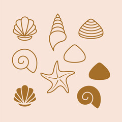 seashells and starfishes. Continuous one line drawing of oyster mollusk with pearl corral and snail shells in simple linear style. Modern minimalist outline icon. Doodle Vector