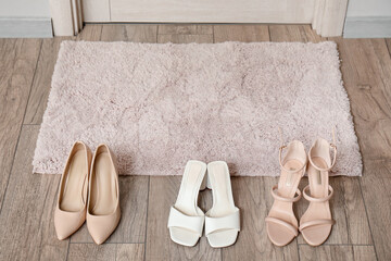 Stylish heels near doormat in hall