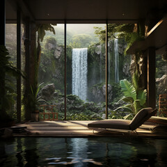 Villa in the jungle next to a waterfall