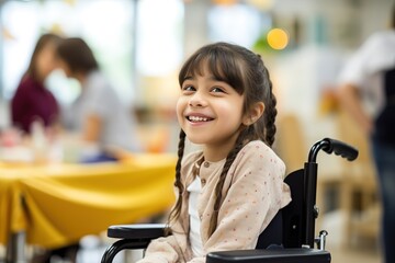 Young girl in wheelchair in classroom setting - obrazy, fototapety, plakaty