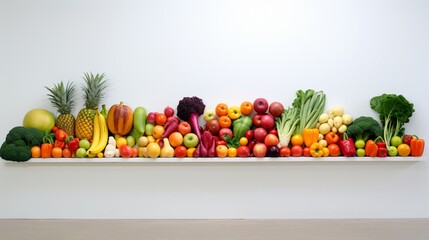 the vibrant colors and textures of an array of fruits and vegetables, each one standing alone against a clean white canvas,