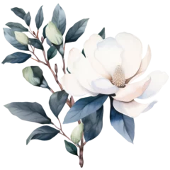 Fotobehang Navy blue Magnolia flower png, white and blue floral arrangement watercolor illustration isolated with a transparent background,  blossom flowers design © NadyaSaen 