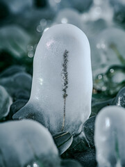 Beautiful frozen plants covered with icicles. Winter background. Close up of a plants covered in frozen rain in bright sunshine. Winter landscape after a freezing rain.