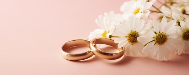Generative AI image of two wedding rings and daisies on a pink background
