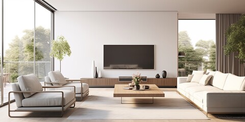 Modern living room with TV and cozy sofas in a roomy apartment with big window and white walls.
