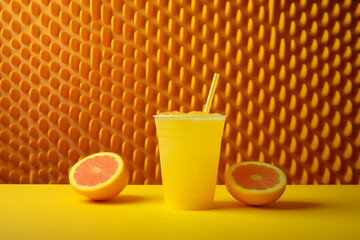 Jus acide au pamplemousse / pomelo ou boisson soda aux agrumes sur fond en relief jaune et rose