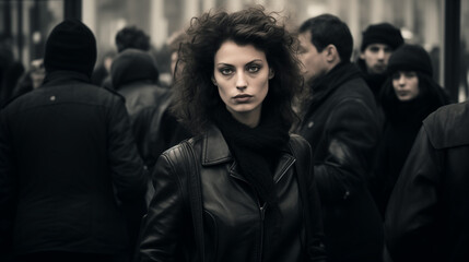 Femme brune maussade avec veste en cuir au milieu d'une foule sombre et triste, un jour d'automne à Paris - obrazy, fototapety, plakaty