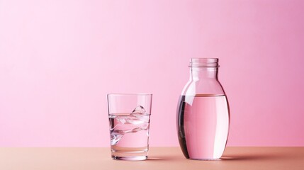 water bottle and glass on the table on pink background.