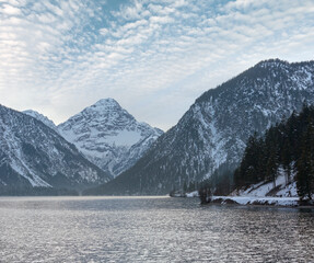Plansee lake and mountain winter view, Tirol, Austria.