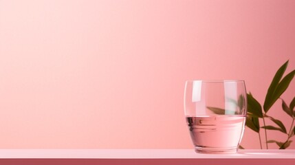 water bottle and glass on the table on pink background. - obrazy, fototapety, plakaty