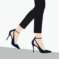 Black female pairs of legs in high heels: slingbacks, pumps, wedge-heeled shoes, clogs, stilettos, isolated on white background. Flat cartoon colorful vector illustration