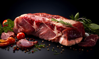 Raw organic marbled beef or pork steak with spices on black background. Lab-grown meat, regenerative nutrition. Close-up. Banner - obrazy, fototapety, plakaty