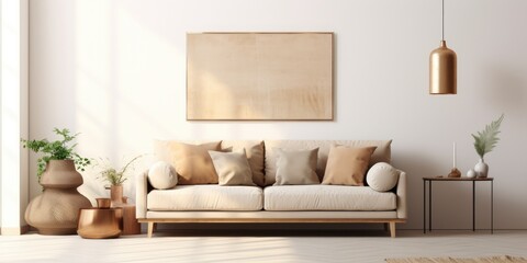 Fototapeta na wymiar Bright living room with beige sofa, gold cushions, industrial lamp, and posters