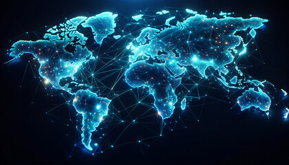 Fototapeta premium Explore the blue world map adorned with a captivating glow of the global network light.