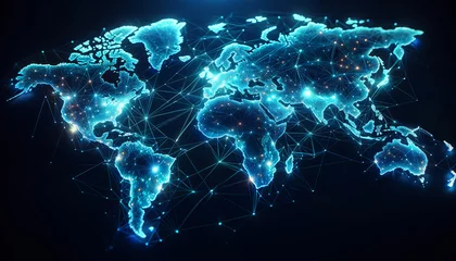 Poster Explore the blue world map adorned with a captivating glow of the global network light. © SITI