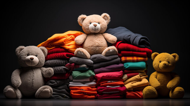 Orso di peluche  su una montagna di vestiti. Ai generated.