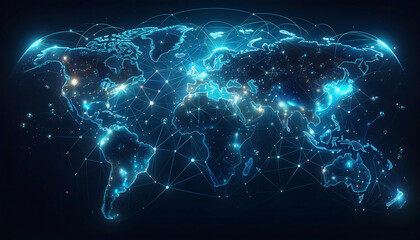 Explore the blue world map adorned with a captivating glow of the global network light. - obrazy, fototapety, plakaty
