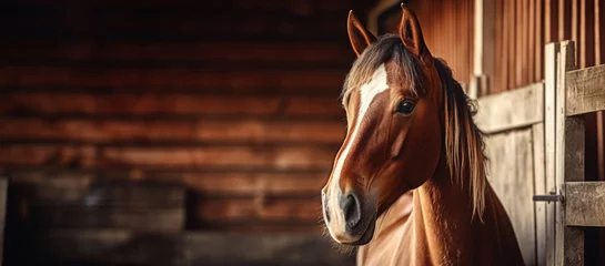Rolgordijnen Rental business showcase, horse against a private stable backdrop, an equestrian haven © Valeriia
