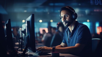 A man is working as a call center officer, ai generative