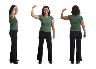 side front and back view of of a  woman showing her bicep on white background