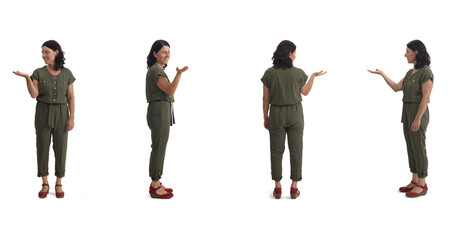 various poses of same woman showing an imaginary object in her hand on white background
