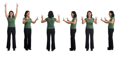 various poses of a group of same woman showing the victory sign with both hands on white background