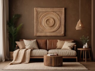 Cozy home interior with wooden furniture on brown background, empty wall mockup in boho decoration