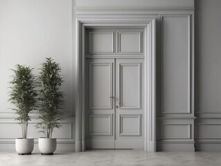 Door and window, plant concept in plain monochrome pastel color. Light background with copy space