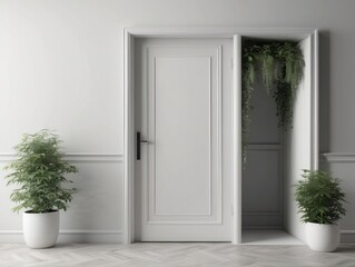 Door and window, plant concept in plain monochrome pastel color. Light background with copy space