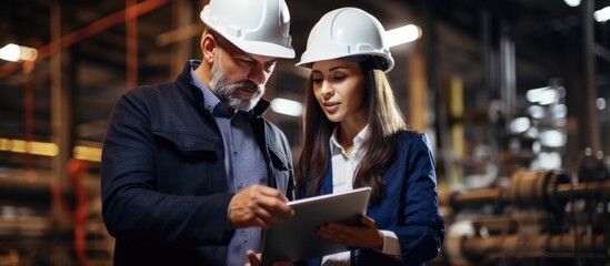 Male and female engineers in hard hats make calculated engineering decisions while discussing a new project and using a tablet computer at a heavy industry factory. - obrazy, fototapety, plakaty