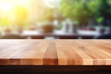 A wood table top stands out against a blurred kitchen environment, making it a valuable resource for montages and design mockups. Created with generative AI tools - obrazy, fototapety, plakaty