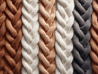 Knitted wool texture, soft and fuzzy, white, beige and gray background. Cozy and warm fabric patterned surface, hygge lifestyle