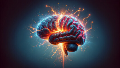 Explosive Brain Concept Illustration: Frontal View, Symbolizing Neurological Disorders like Alzheimer's, Parkinson's, Dementia, Multiple Sclerosis. - obrazy, fototapety, plakaty