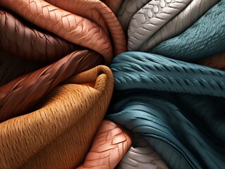 Different colors of knitted wool fabric, warm and cozy  colorful texture background. Soft and fuzzy fabric patterned surface, hygge lifestyle