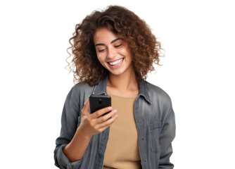 Happy woman using cell phone, cut out