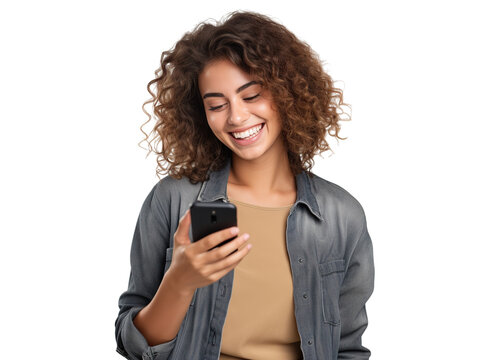 Happy woman using cell phone, cut out