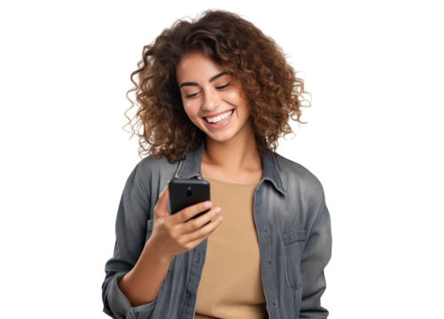 Happy woman using cell phone, cut out