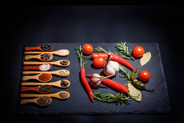 Many different spices and fresh vegetables for cooking on a black background, still life with...