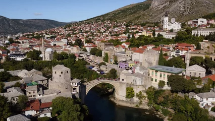 Foto auf Acrylglas Stari Most Timeless Beauty: Mostar's Old Bridge Overlooking the Neretva River. Historic Town From the Balkans.