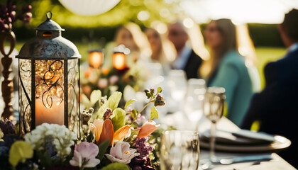 Wedding guests celebrating at a beautiful outdoor venue on a sunny day, luxury wedding decoration idea and decor inspiration with flowers, party event celebration at the garden estate. Generative Ai - obrazy, fototapety, plakaty