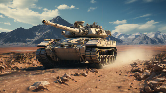 A Beige Battle Tank Going Through The Desert 