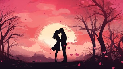 Kissing young couple during Valentine's day cartoon style