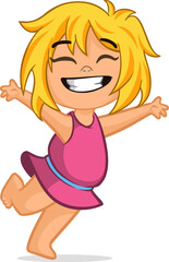 Cute little cartoon blond girl  smiling and dancing. .Vector illustration of a teenager female wearing dress. Isolated