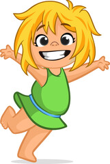 Cute little cartoon blond girl  smiling and dancing. .Vector illustration of a teenager female wearing dress. Isolated