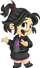 Cute little cartoon girl  smiling. .Vector illustration of a teenager kid wearing rock style leather clothes. Isolated